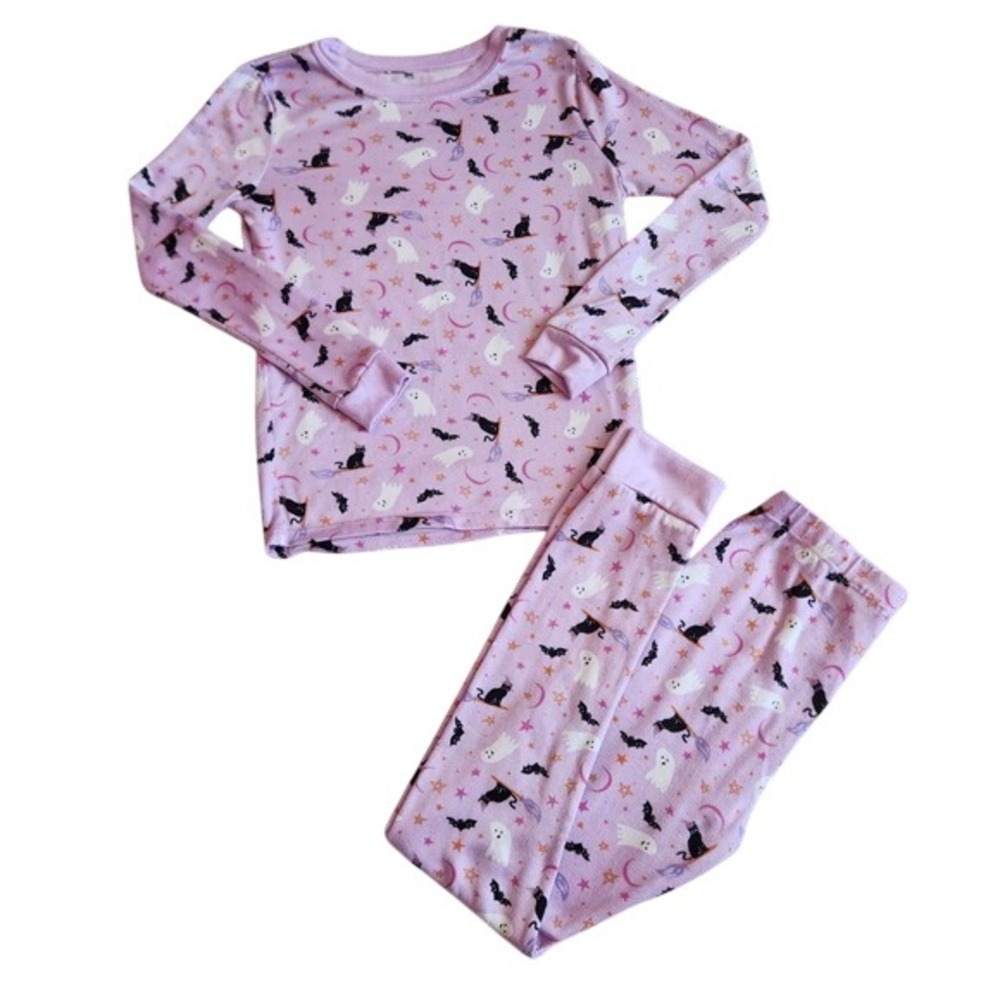 Kids Size 10 Purple Halloween Pajama Set Cat Ghost Bat